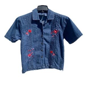 Jane Ashley Vintage Jean Embroidered Flower Blouse Grandmacore Sz Large